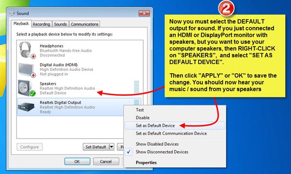 Windows 7 or 8: How to set the default playback device